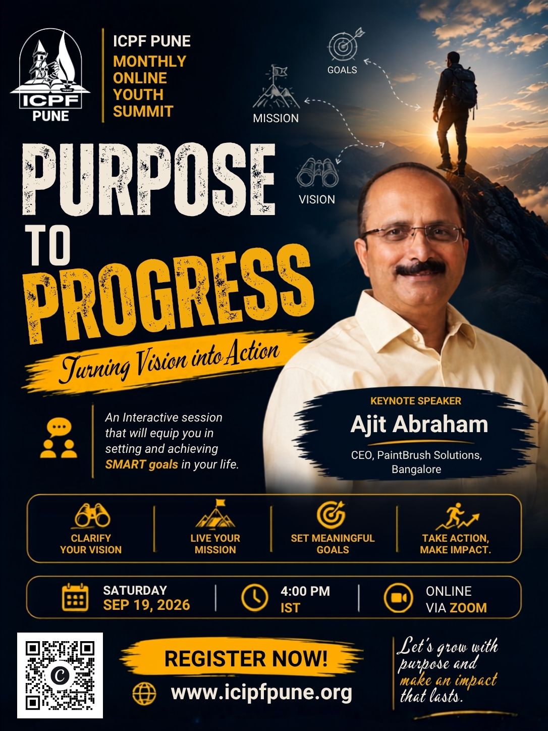 Upcoming Monthly Online Youth Summit - Purpose to Progress with Ajit Abraham on August 22, 2026